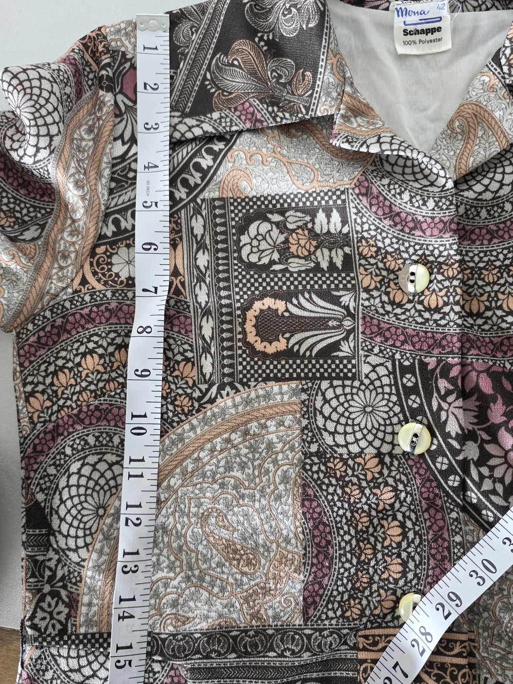 Long-Sleeve Patchwork Paisley Shirt Dress in Taupe and Mauve - Picture 11 of 14